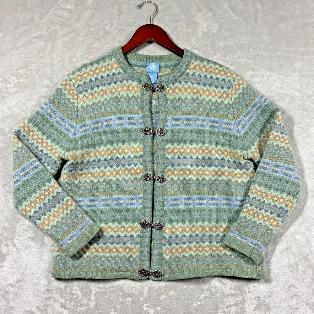 Vtg Frost 100% Lambswool Fair Isle Cardigan Sweater Womens L Nordic Metal Clasp